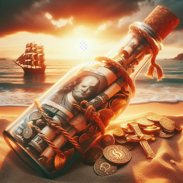 PSD hyperrealisitc vibrant caribbean tropical message in a bottle pirate treasure beach sunset