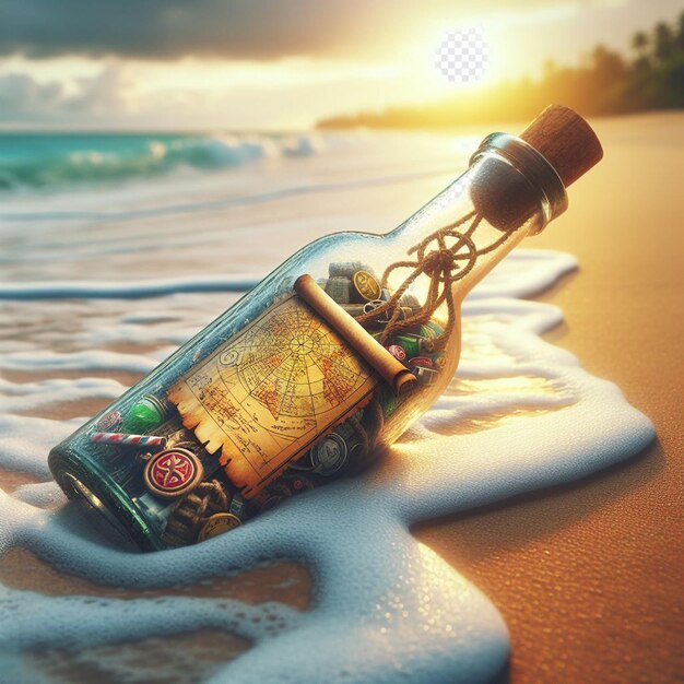 PSD ハイパーリアリズム カリブ海の熱帯のメッセージ 瓶の中の海賊の宝 ビーチの夕暮れ