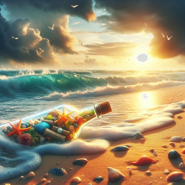 PSD Гиперреалистичное живое карибское тропическое сообщение в бутылке пиратское сокровище закат на пляже