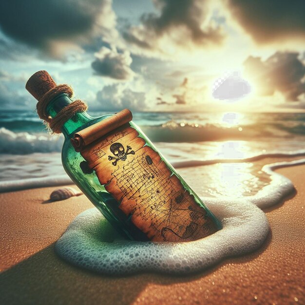 PSD Гиперреалистичное живое карибское тропическое сообщение в бутылке пиратское сокровище закат на пляже