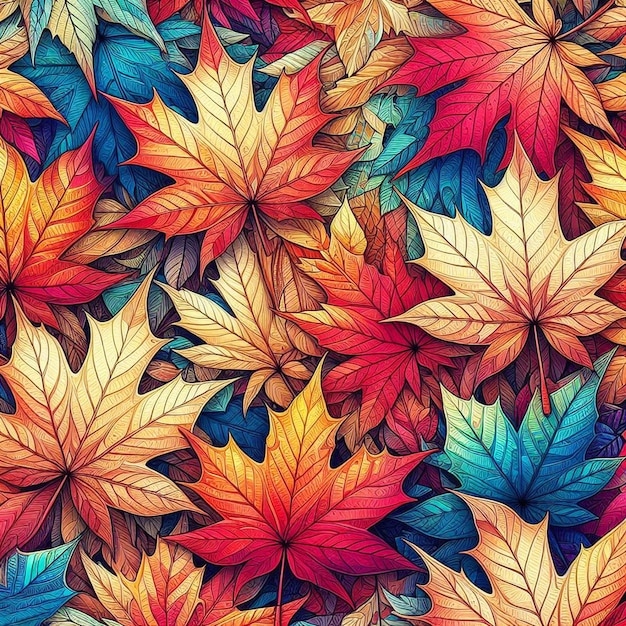 Hyperrealisitic colorful autumn leaves maple leaf pattern seamless background wallpaper