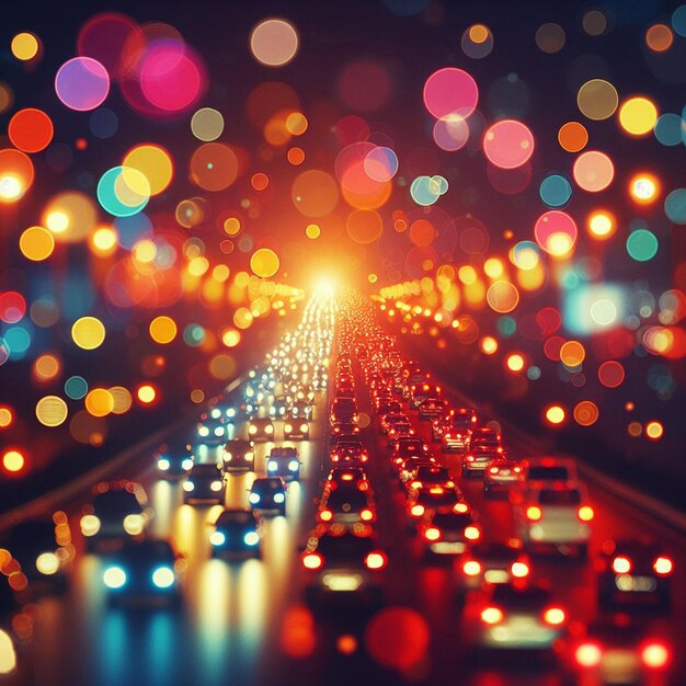 PSD hyperrealistic bokeh vibrant colorful car traffic street city rushhour backdrop background