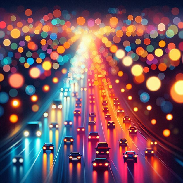 PSD bokeh iperrealistico vibrante traffico automobilistico colorato strada città ora di punta sfondo sfondo