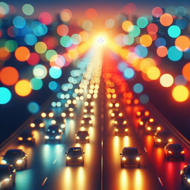 PSD bokeh iperrealistico vibrante traffico automobilistico colorato strada città ora di punta sfondo sfondo