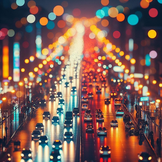 PSD bokeh iperrealistico vibrante traffico automobilistico colorato strada città ora di punta sfondo sfondo