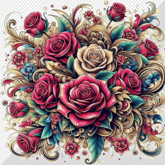 PSD bouquet iperrealistico di rose colorate disegno di illustrazione floreale sfondo trasparente isolato