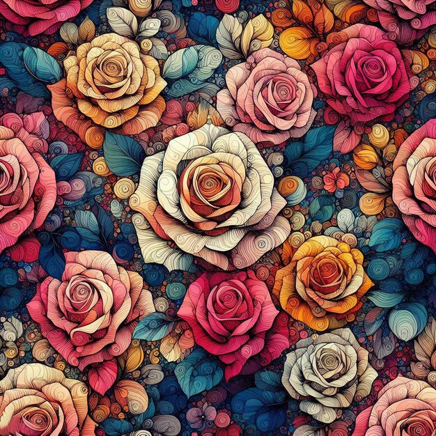 PSD 다채로운 장미의 초현실적인 꽃줄기 꽃 일러스트레이션 디자인 고립된 투명한 배경