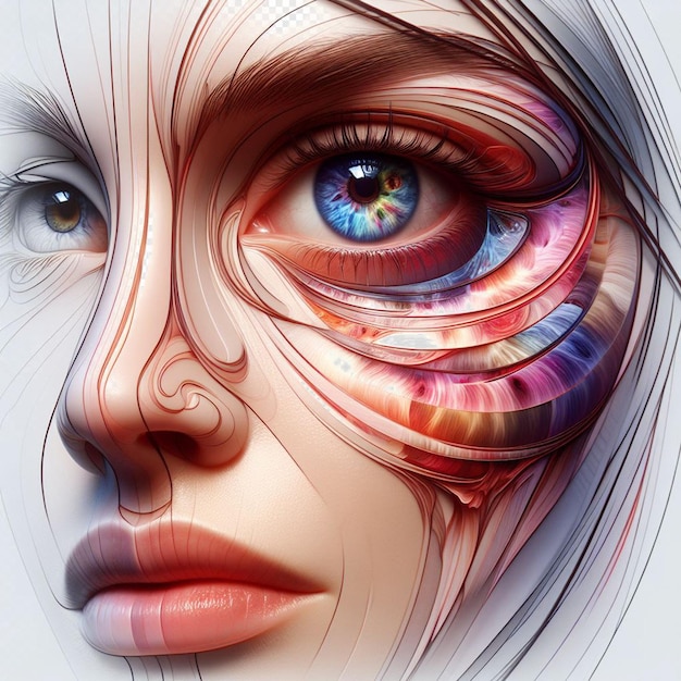 PSD iris femminile iperrealistico occhio macro faccia pelle colorata brillante illustrazione lucente