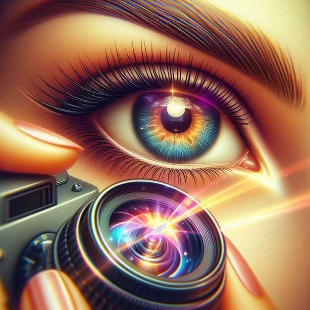 Hyperrealistic female iris eye makro face skin colorful bright shining illustration