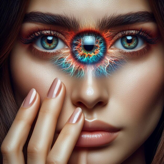 PSD hyperrealistic female iris eye makro face skin colorful bright shining illustration