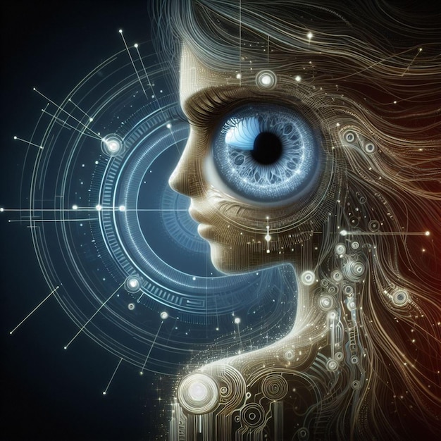 Hyperrealistic female iris eye makro face skin colorful bright shining illustration