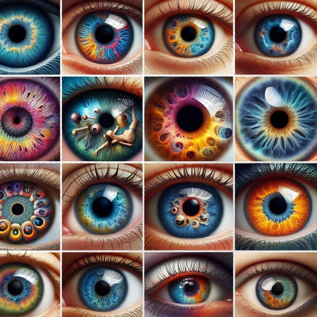 Iris femminile iperrealistico occhio macro faccia pelle colorata brillante illustrazione lucente