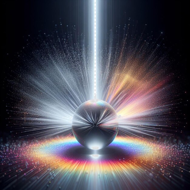 PSD 超現実的なガラスの球体は色の光スペクトルを反射しカラフルな光束を背景にしています