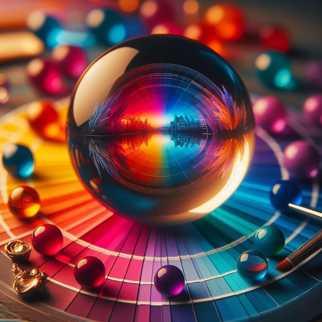 PSD 超現実的なガラスの球体は色の光スペクトルを反射しカラフルな光束を背景にしています