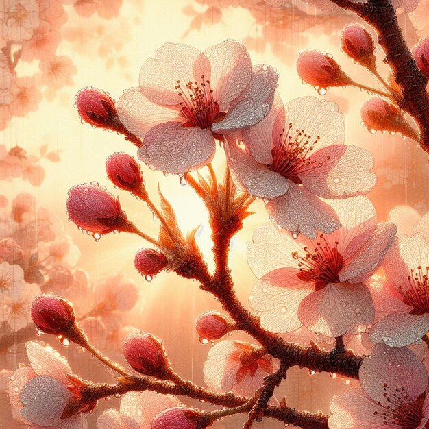 PSD immagine iperrealistica colorata primavera sakura fiore di ciliegio festa mattina rugiada tramonto hanami vista