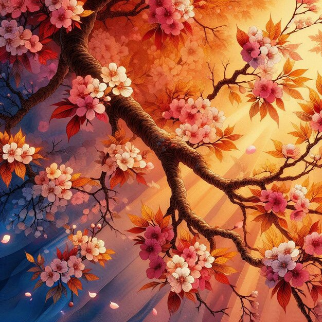 PSD immagine iperrealistica colorata primavera sakura fiore di ciliegio festa mattina rugiada tramonto hanami vista