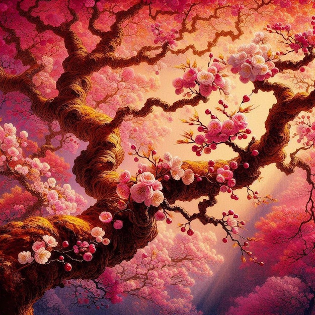 Гиперреалистическое изображение красочная весна сакура вишнёвый цветок фестиваль утренняя роса закат ханами вид