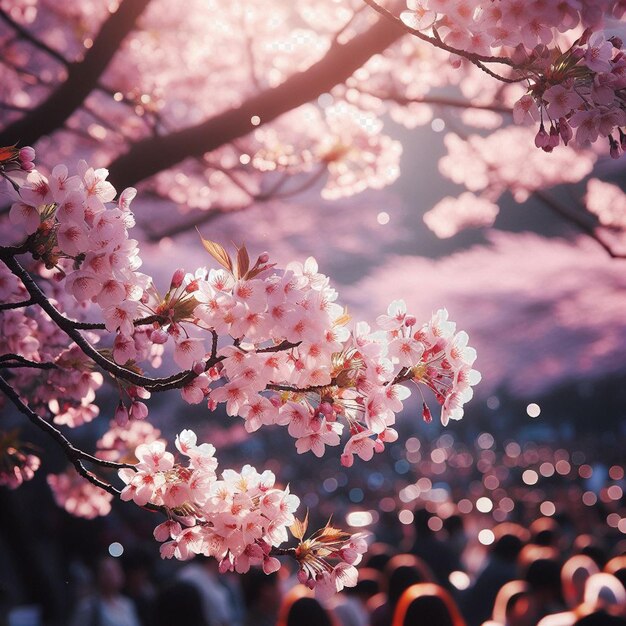 PSD hyperrealistic image colorful spring sakura cherry blossom festival morning dew sunset hanami view