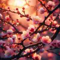 PSD ハイパーリアルなイメージ 春の桜 桜の花の祭り 朝の露 夕日 ハナミの景色