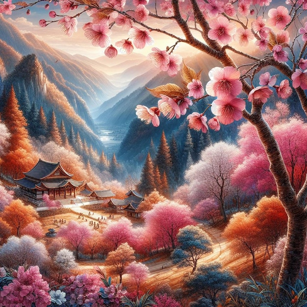 초현실적인 이미지 다채로운 봄 사쿠라 체리 꽃 축제 아침 이슬 해가 지는 하나미 풍경