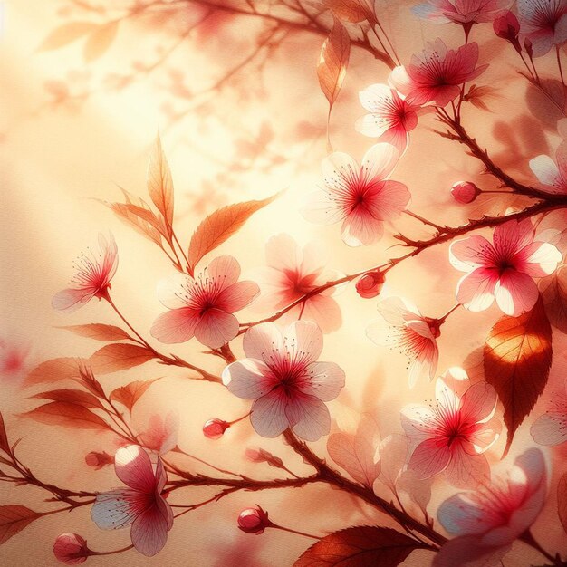 Hyperrealistic image colorful spring sakura cherry blossom festival morning dew sunset hanami view