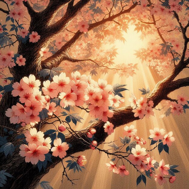 PSD hyperrealistic image colorful spring sakura cherry blossom festival morning dew sunset hanami view