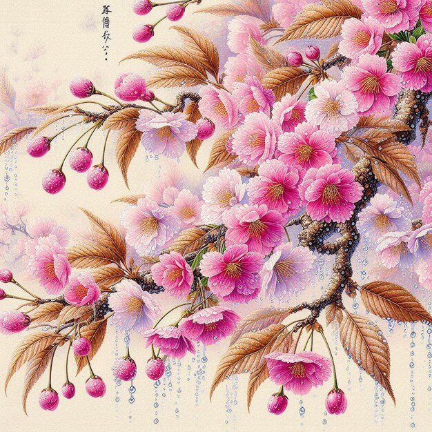 PSD 초현실적인 이미지 다채로운 봄 사쿠라 체리 꽃 축제 아침 이슬 해가 지는 하나미 풍경