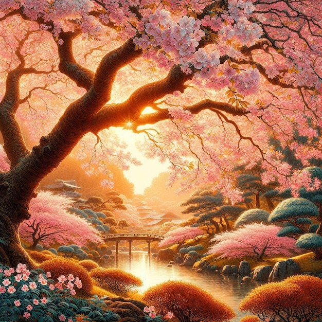PSD Гиперреалистическое изображение красочная весна сакура вишнёвый цветок фестиваль утренняя роса закат ханами вид