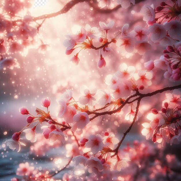 PSD hyperrealistic image colorful spring sakura cherry blossom festival morning dew sunset hanami view