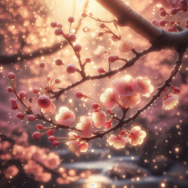 PSD hyperrealistic image colorful spring sakura cherry blossom festival morning dew sunset hanami view