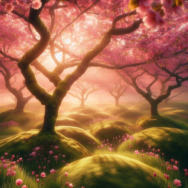 Immagine iperrealistica colorata primavera sakura fiore di ciliegio festa mattina rugiada tramonto hanami vista