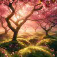PSD hyperrealistic image colorful spring sakura cherry blossom festival morning dew sunset hanami view