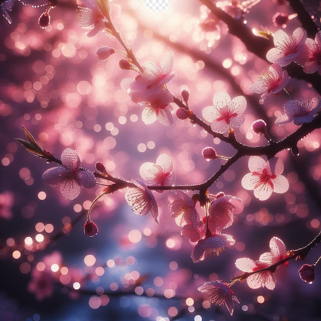 Hyperrealistic image colorful spring sakura cherry blossom festival morning dew sunset hanami view