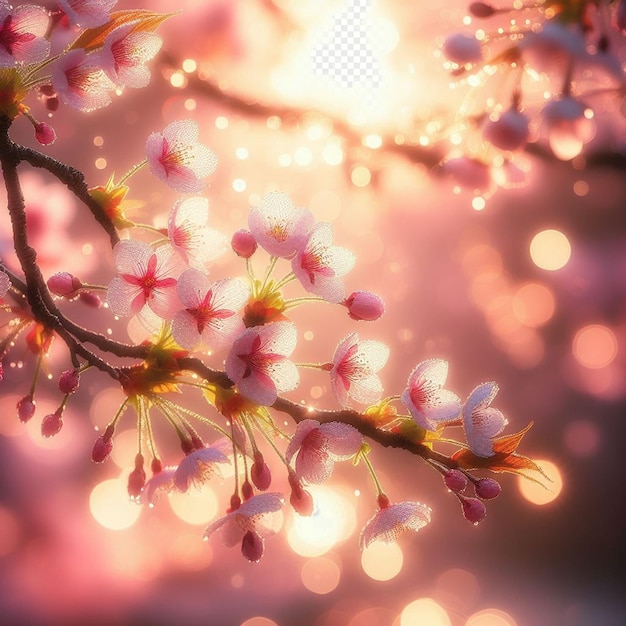 PSD hyperrealistic image colorful spring sakura cherry blossom festival morning dew sunset hanami view