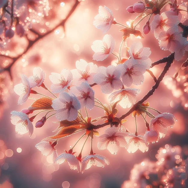 PSD Гиперреалистическое изображение красочная весна сакура вишнёвый цветок фестиваль утренняя роса закат ханами вид