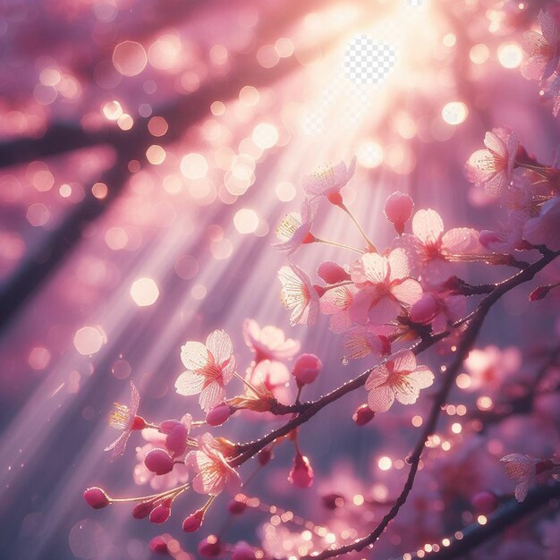 Hyperrealistic image colorful spring sakura cherry blossom festival morning dew sunset hanami view