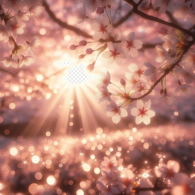 PSD hyperrealistic image colorful spring sakura cherry blossom festival morning dew sunset hanami view