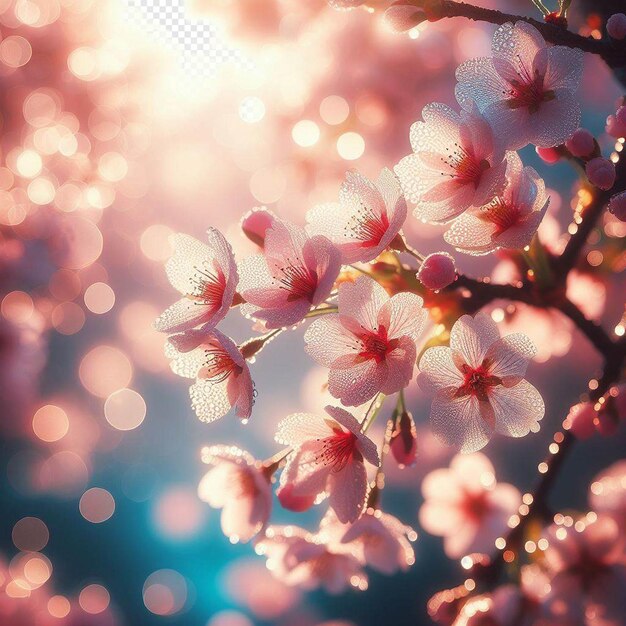 PSD hyperrealistic image colorful spring sakura cherry blossom festival morning dew sunset hanami view