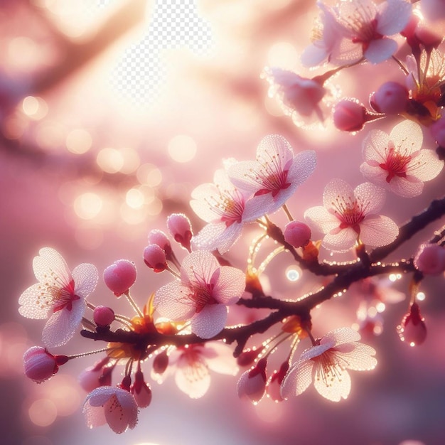 PSD hyperrealistic image colorful spring sakura cherry blossom festival morning dew sunset hanami view