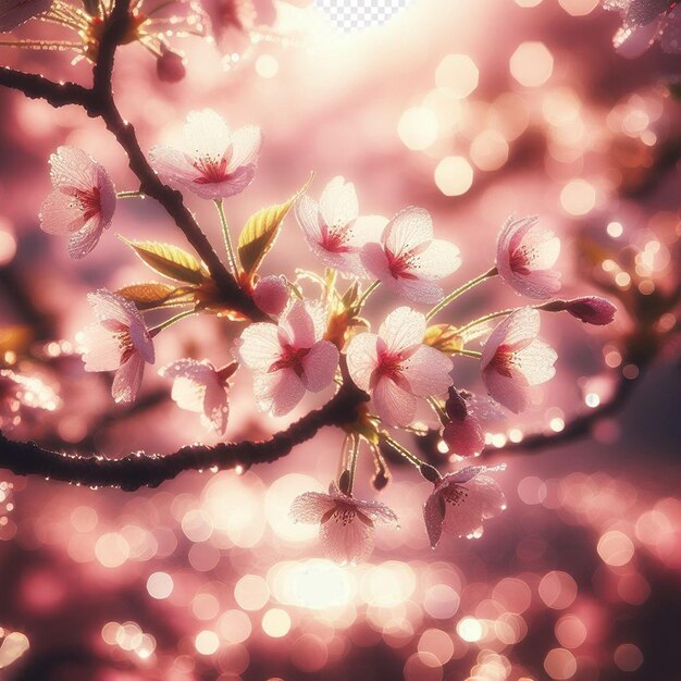 PSD hyperrealistic image colorful spring sakura cherry blossom festival morning dew sunset hanami view