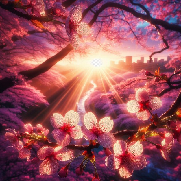 PSD hyperrealistic image colorful spring sakura cherry blossom festival morning dew sunset hanami view