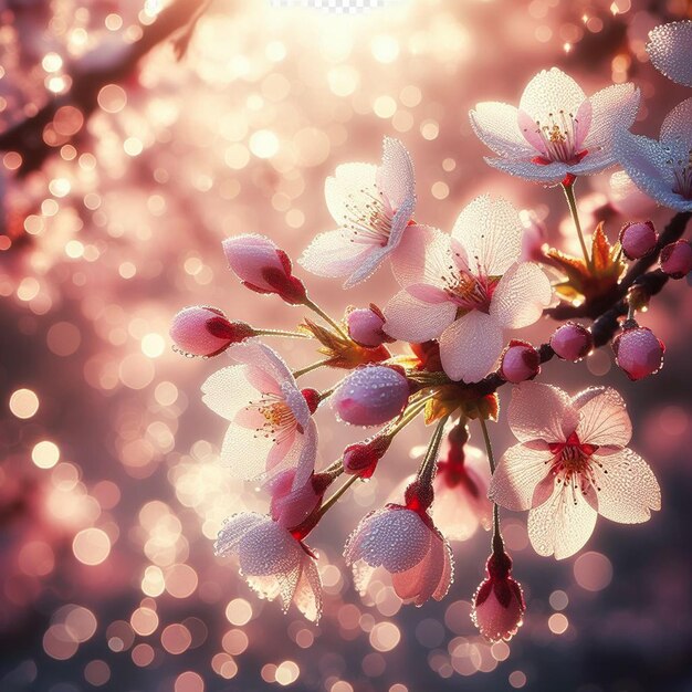 PSD hyperrealistic image colorful spring sakura cherry blossom festival morning dew sunset hanami view