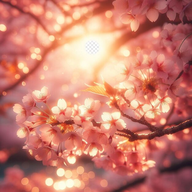 Hyperrealistic image colorful spring sakura cherry blossom festival morning dew sunset hanami view