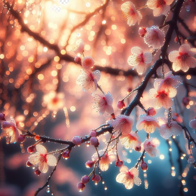 PSD hyperrealistic image colorful spring sakura cherry blossom festival morning dew sunset hanami view