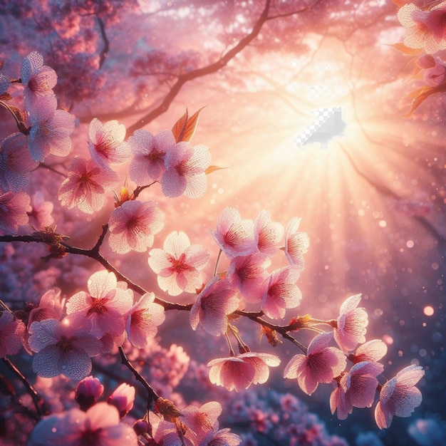 PSD hyperrealistic image colorful spring sakura cherry blossom festival morning dew sunset hanami view