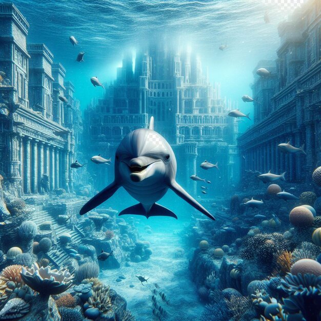 Immagine iperrealistica delfino che esplora la fauna selvatica sottomarina sfondo trasparente dell'oceano