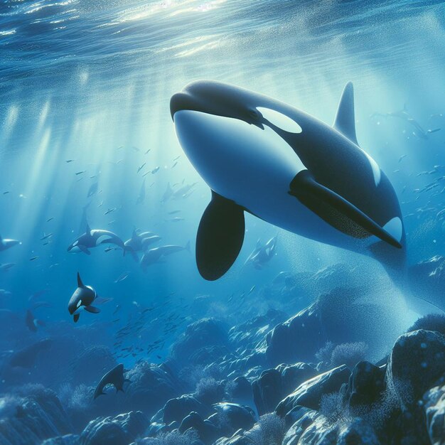 PSD Гиперреалистическое изображение кита-убийцы в голубом океане, ныряющего под водой.