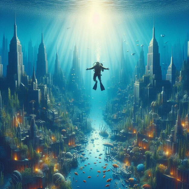 PSD hyperrealistic image scuba diving diver exploring sunk lost atlantis in the blue sea ocean