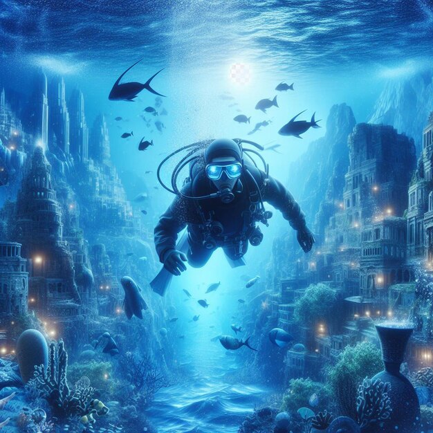 PSD hyperrealistic image scuba diving diver exploring sunk lost atlantis in the blue sea ocean