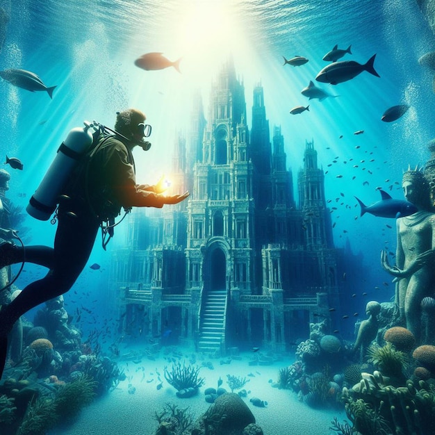 PSD hyperrealistic image scuba diving diver exploring sunk lost atlantis in the blue sea ocean